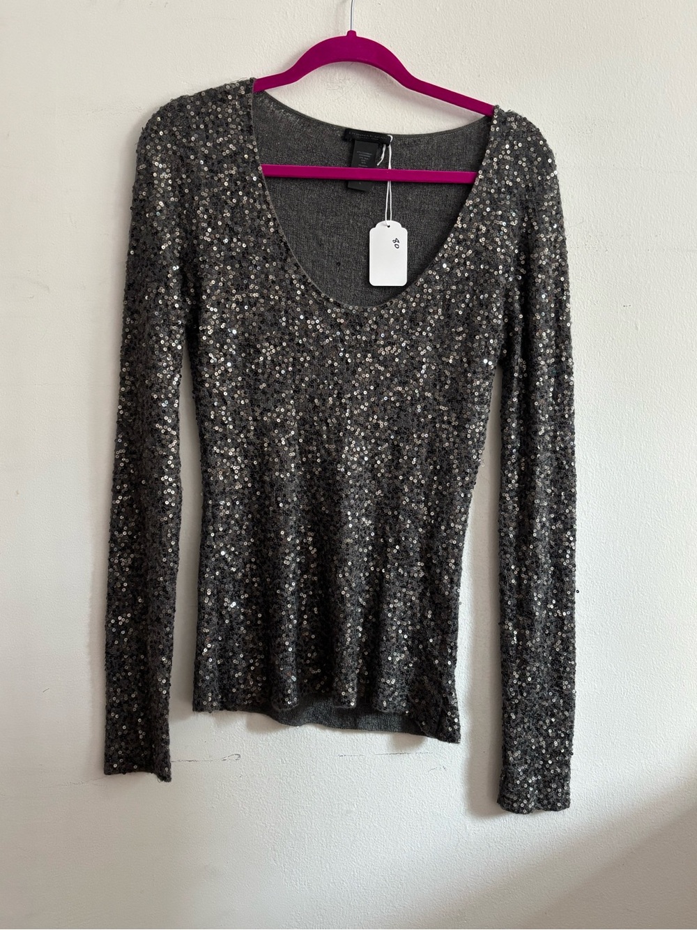 Donna Karan Collection Gray Cashmere & Silk Sequin Long Sleeve Top with sparkles